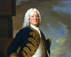 Admiral John Byng (1704-1757) appears in full military regalia in this 1749 portrait. His public execution remains controversial to this day. Painting