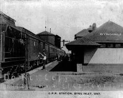 The CPR station, ca 1920. Before the railway arrived in 1908, Byng Inlet was restricted to seasonal access only. Station